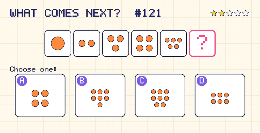 Pattern: 1 dot, 2 dots, 3 dots, 4 dots, 5 dots, then a question mark. Choices: A: 4 dots; B: 7 dots; C: 8 dots; D: 6 dots.