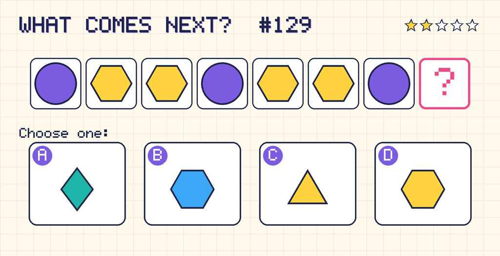 Pattern: purple circle, yellow hexagon, yellow hexagon, purple circle, yellow hexagon, yellow hexagon, purple circle, then a question mark. Choices: A: teal diamond; B: blue hexagon; C: yellow triangle; D: yellow hexagon.