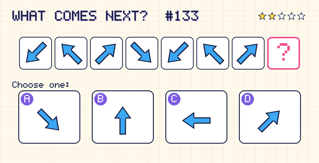 Pattern: an arrow pointing down and left, an arrow pointing up and left, an arrow pointing up and right, an arrow pointing down and right, an arrow pointing down and left, an arrow pointing up and left, an arrow pointing up and right, then a question mark. Choices: A: an arrow pointing down and right; B: an arrow pointing up; C: an arrow pointing left; D: an arrow pointing up and right.