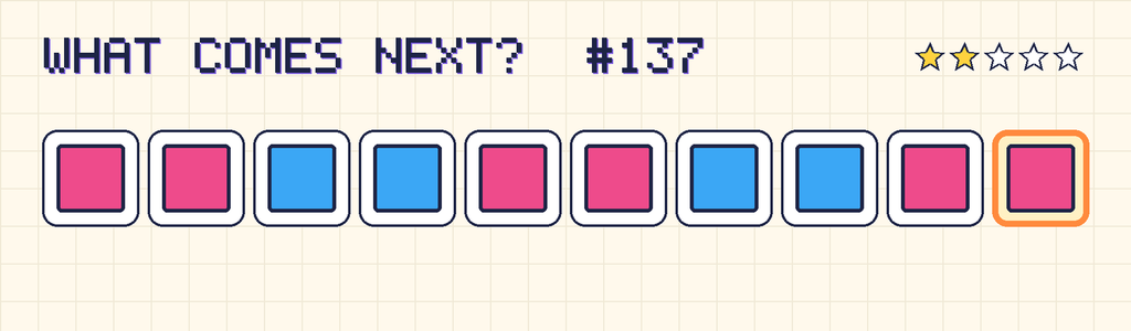 The finished pattern: pink square, pink square, blue square, blue square, pink square, pink square, blue square, blue square, pink square, pink square.
