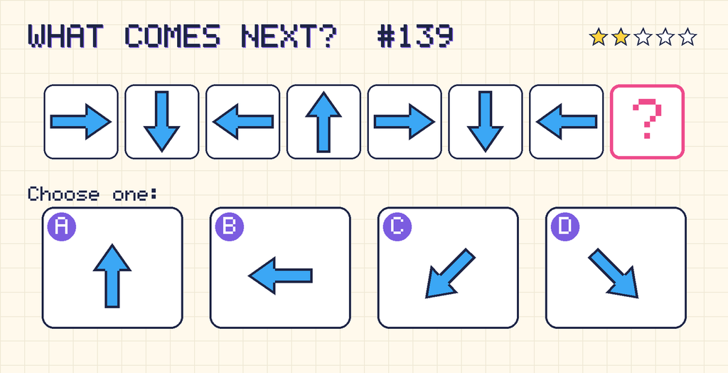 Pattern: an arrow pointing right, an arrow pointing down, an arrow pointing left, an arrow pointing up, an arrow pointing right, an arrow pointing down, an arrow pointing left, then a question mark. Choices: A: an arrow pointing up; B: an arrow pointing left; C: an arrow pointing down and left; D: an arrow pointing down and right.