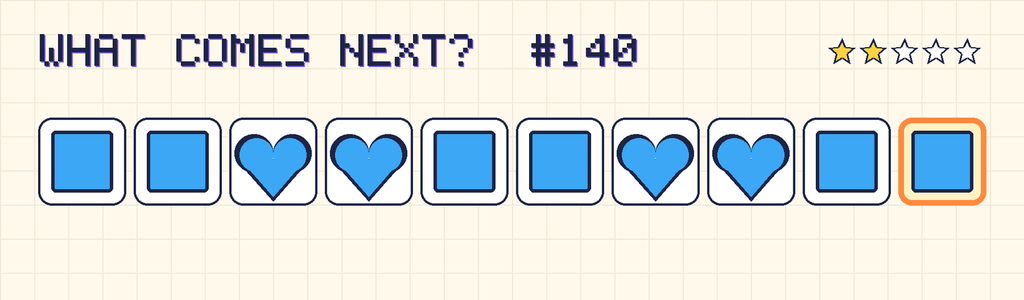 The finished pattern: blue square, blue square, blue heart, blue heart, blue square, blue square, blue heart, blue heart, blue square, blue square.