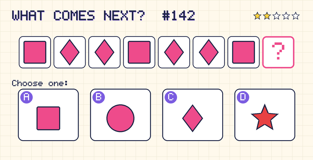 Pattern: pink square, pink diamond, pink diamond, pink square, pink diamond, pink diamond, pink square, then a question mark. Choices: A: pink square; B: pink circle; C: pink diamond; D: red star.