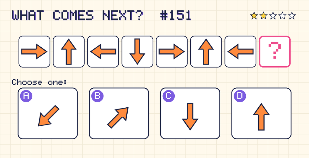 Pattern: an arrow pointing right, an arrow pointing up, an arrow pointing left, an arrow pointing down, an arrow pointing right, an arrow pointing up, an arrow pointing left, then a question mark. Choices: A: an arrow pointing down and left; B: an arrow pointing up and right; C: an arrow pointing down; D: an arrow pointing up.