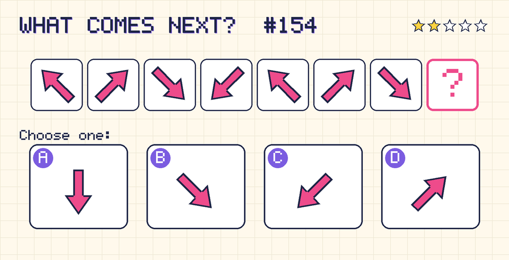 Pattern: an arrow pointing up and left, an arrow pointing up and right, an arrow pointing down and right, an arrow pointing down and left, an arrow pointing up and left, an arrow pointing up and right, an arrow pointing down and right, then a question mark. Choices: A: an arrow pointing down; B: an arrow pointing down and right; C: an arrow pointing down and left; D: an arrow pointing up and right.