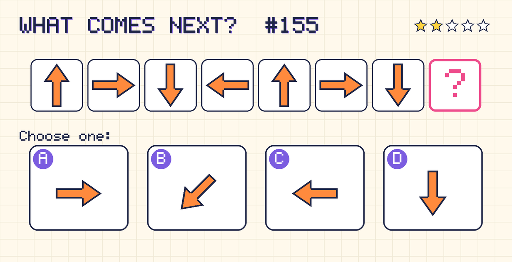 Pattern: an arrow pointing up, an arrow pointing right, an arrow pointing down, an arrow pointing left, an arrow pointing up, an arrow pointing right, an arrow pointing down, then a question mark. Choices: A: an arrow pointing right; B: an arrow pointing down and left; C: an arrow pointing left; D: an arrow pointing down.