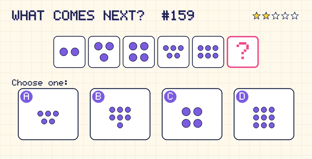 Pattern: 2 dots, 3 dots, 4 dots, 5 dots, 6 dots, then a question mark. Choices: A: 5 dots; B: 7 dots; C: 4 dots; D: 9 dots.