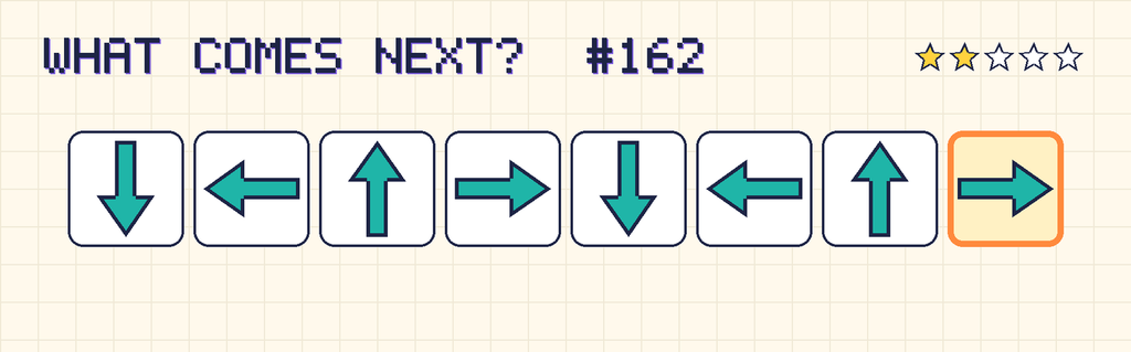 The finished pattern: an arrow pointing down, an arrow pointing left, an arrow pointing up, an arrow pointing right, an arrow pointing down, an arrow pointing left, an arrow pointing up, an arrow pointing right.
