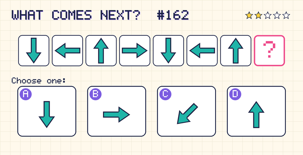Pattern: an arrow pointing down, an arrow pointing left, an arrow pointing up, an arrow pointing right, an arrow pointing down, an arrow pointing left, an arrow pointing up, then a question mark. Choices: A: an arrow pointing down; B: an arrow pointing right; C: an arrow pointing down and left; D: an arrow pointing up.