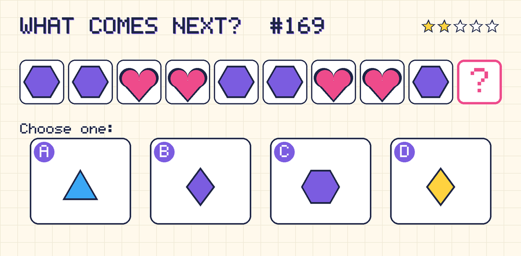 Pattern: purple hexagon, purple hexagon, pink heart, pink heart, purple hexagon, purple hexagon, pink heart, pink heart, purple hexagon, then a question mark. Choices: A: blue triangle; B: purple diamond; C: purple hexagon; D: yellow diamond.