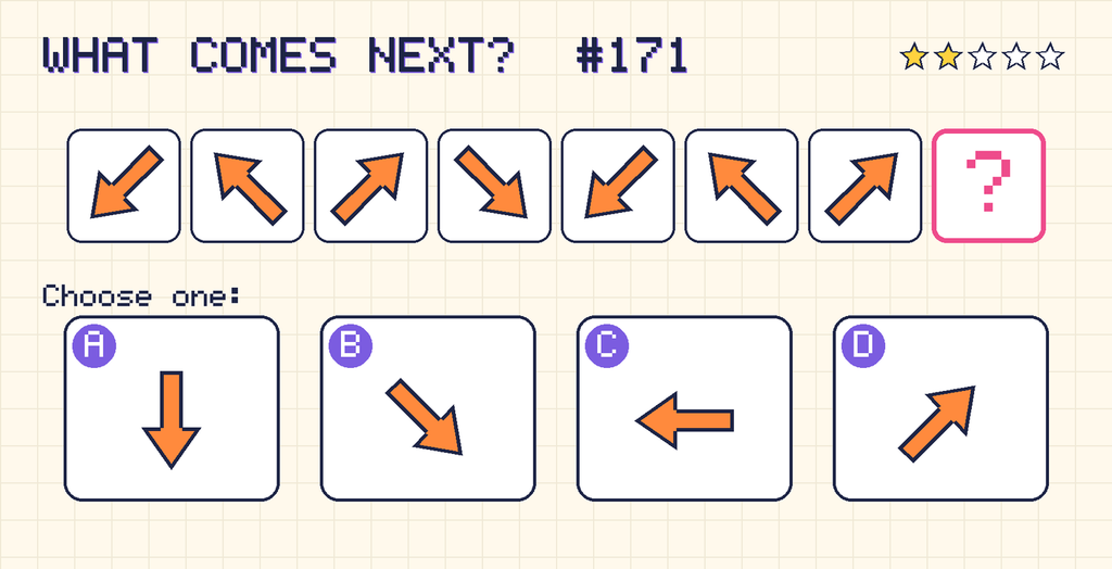 Pattern: an arrow pointing down and left, an arrow pointing up and left, an arrow pointing up and right, an arrow pointing down and right, an arrow pointing down and left, an arrow pointing up and left, an arrow pointing up and right, then a question mark. Choices: A: an arrow pointing down; B: an arrow pointing down and right; C: an arrow pointing left; D: an arrow pointing up and right.