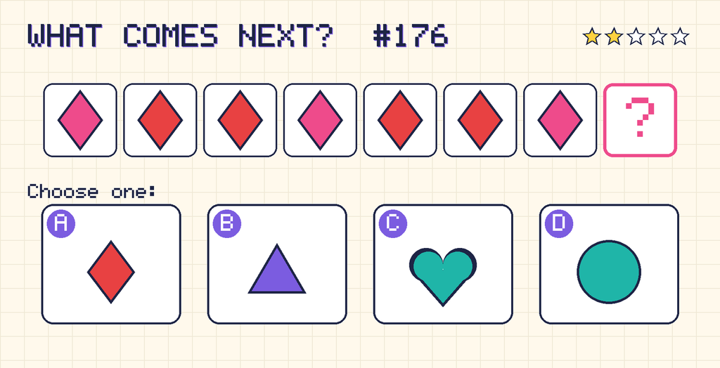 Pattern: pink diamond, red diamond, red diamond, pink diamond, red diamond, red diamond, pink diamond, then a question mark. Choices: A: red diamond; B: purple triangle; C: teal heart; D: teal circle.