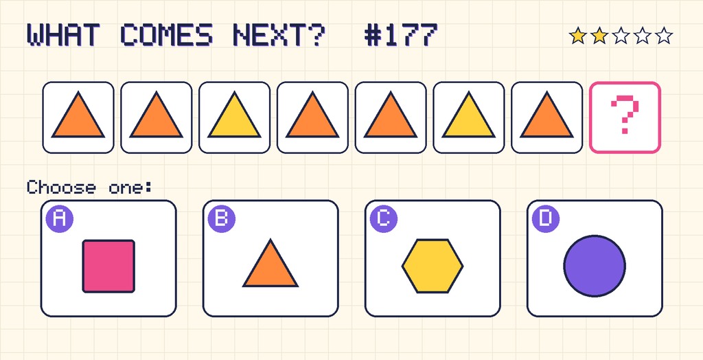 Pattern: orange triangle, orange triangle, yellow triangle, orange triangle, orange triangle, yellow triangle, orange triangle, then a question mark. Choices: A: pink square; B: orange triangle; C: yellow hexagon; D: purple circle.