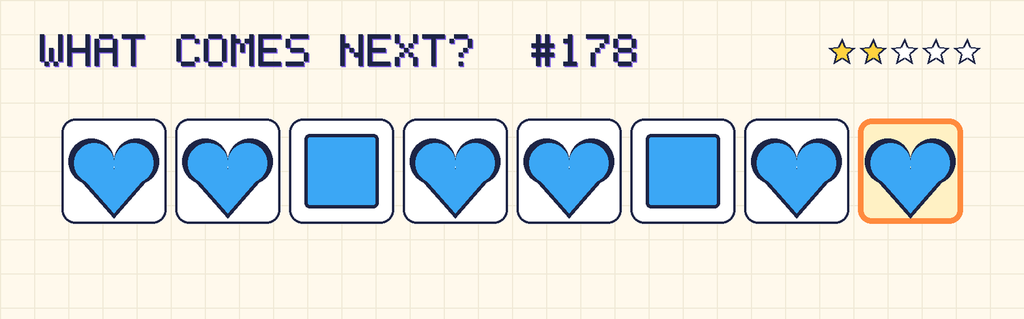 The finished pattern: blue heart, blue heart, blue square, blue heart, blue heart, blue square, blue heart, blue heart.
