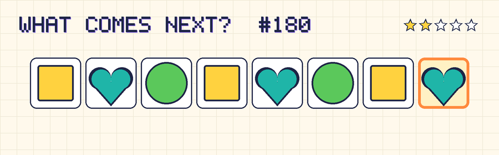 The finished pattern: yellow square, teal heart, green circle, yellow square, teal heart, green circle, yellow square, teal heart.