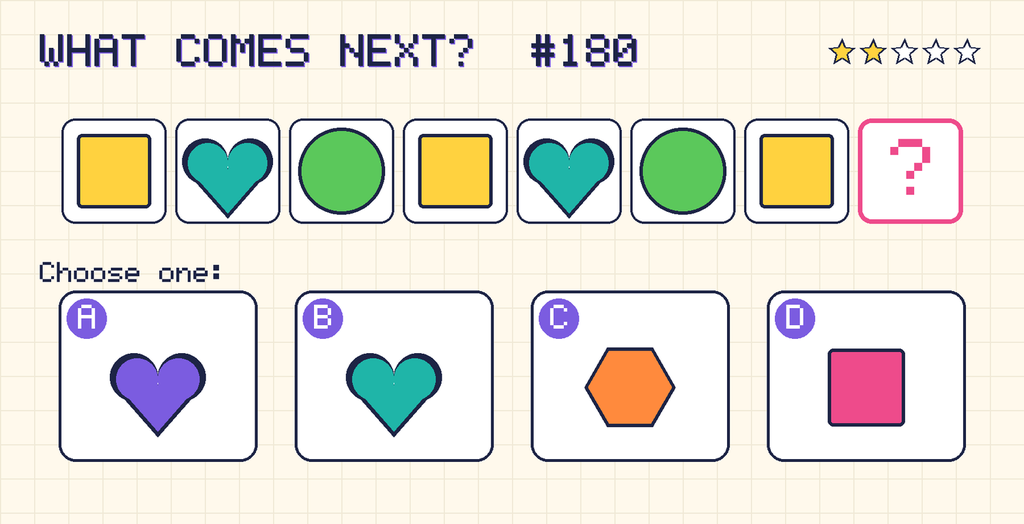 Pattern: yellow square, teal heart, green circle, yellow square, teal heart, green circle, yellow square, then a question mark. Choices: A: purple heart; B: teal heart; C: orange hexagon; D: pink square.