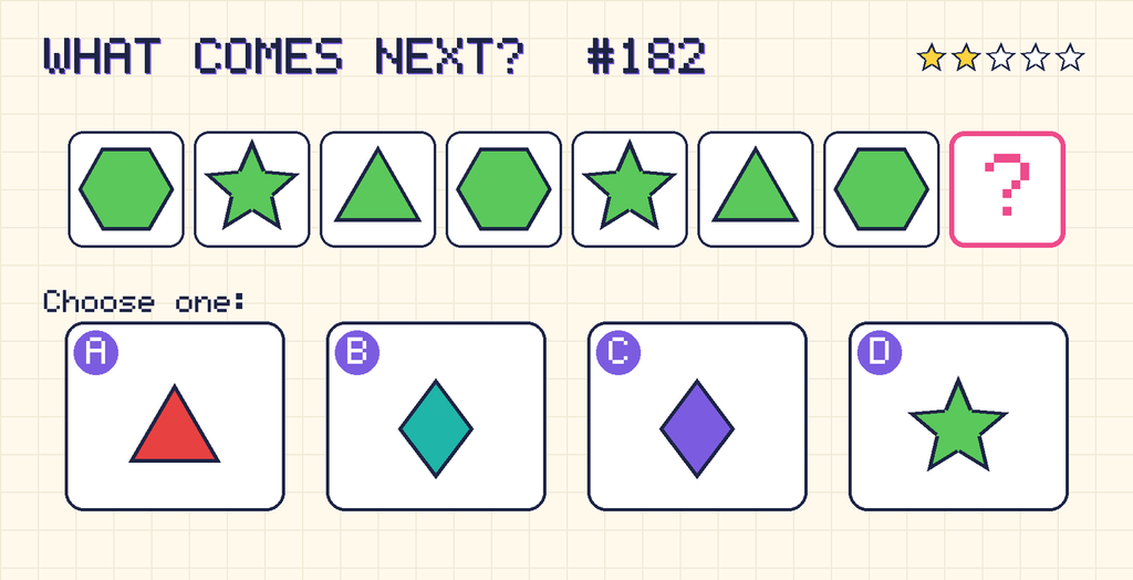 Pattern: green hexagon, green star, green triangle, green hexagon, green star, green triangle, green hexagon, then a question mark. Choices: A: red triangle; B: teal diamond; C: purple diamond; D: green star.
