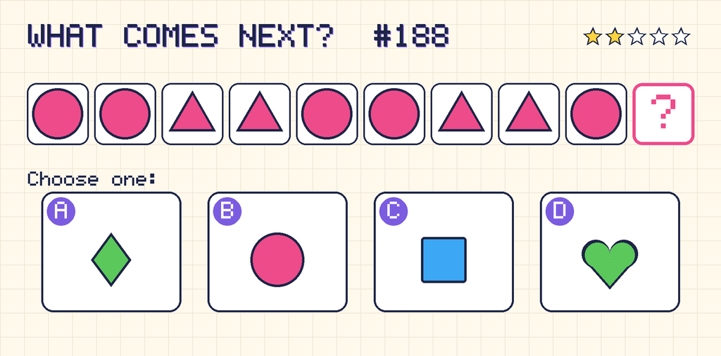 Pattern: pink circle, pink circle, pink triangle, pink triangle, pink circle, pink circle, pink triangle, pink triangle, pink circle, then a question mark. Choices: A: green diamond; B: pink circle; C: blue square; D: green heart.
