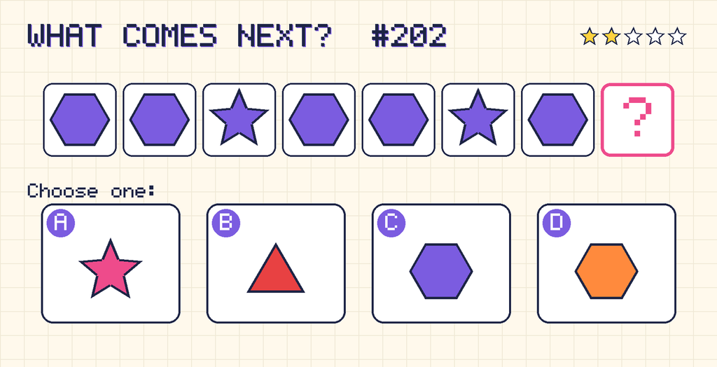 Pattern: purple hexagon, purple hexagon, purple star, purple hexagon, purple hexagon, purple star, purple hexagon, then a question mark. Choices: A: pink star; B: red triangle; C: purple hexagon; D: orange hexagon.