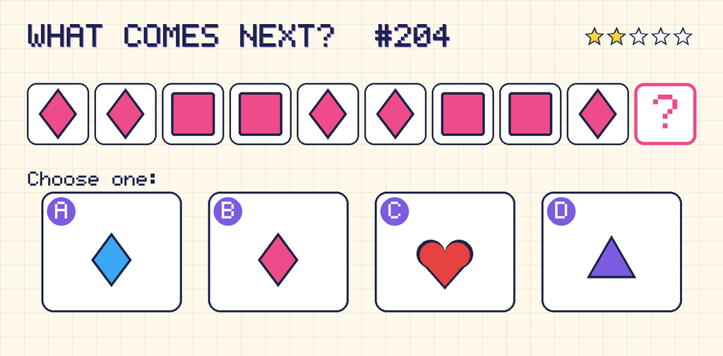 Pattern: pink diamond, pink diamond, pink square, pink square, pink diamond, pink diamond, pink square, pink square, pink diamond, then a question mark. Choices: A: blue diamond; B: pink diamond; C: red heart; D: purple triangle.