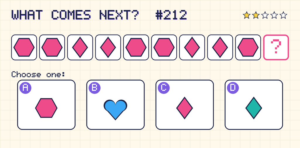 Pattern: pink hexagon, pink hexagon, pink diamond, pink diamond, pink hexagon, pink hexagon, pink diamond, pink diamond, pink hexagon, then a question mark. Choices: A: pink hexagon; B: blue heart; C: pink diamond; D: teal diamond.