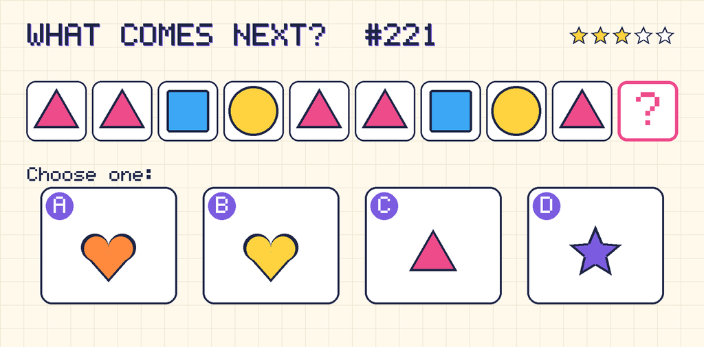 Pattern: pink triangle, pink triangle, blue square, yellow circle, pink triangle, pink triangle, blue square, yellow circle, pink triangle, then a question mark. Choices: A: orange heart; B: yellow heart; C: pink triangle; D: purple star.