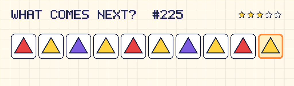 The finished pattern: red triangle, yellow triangle, purple triangle, yellow triangle, red triangle, yellow triangle, purple triangle, yellow triangle, red triangle, yellow triangle.