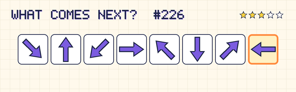 The finished pattern: an arrow pointing down and right, an arrow pointing up, an arrow pointing down and left, an arrow pointing right, an arrow pointing up and left, an arrow pointing down, an arrow pointing up and right, an arrow pointing left.