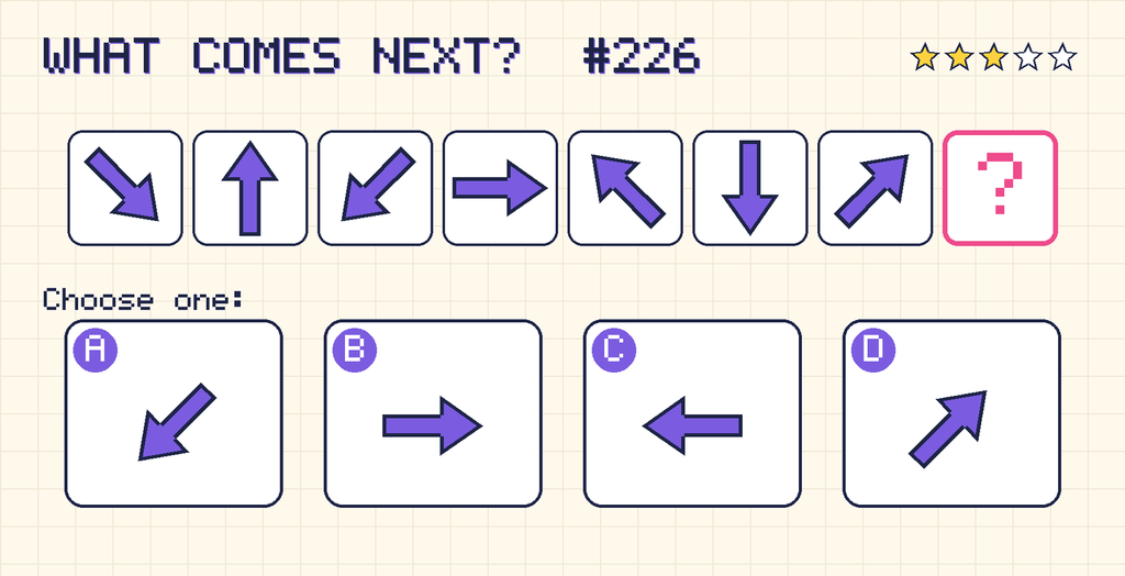 Pattern: an arrow pointing down and right, an arrow pointing up, an arrow pointing down and left, an arrow pointing right, an arrow pointing up and left, an arrow pointing down, an arrow pointing up and right, then a question mark. Choices: A: an arrow pointing down and left; B: an arrow pointing right; C: an arrow pointing left; D: an arrow pointing up and right.