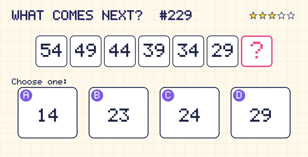 Pattern: 54, 49, 44, 39, 34, 29, then a question mark. Choices: A: 14; B: 23; C: 24; D: 29.
