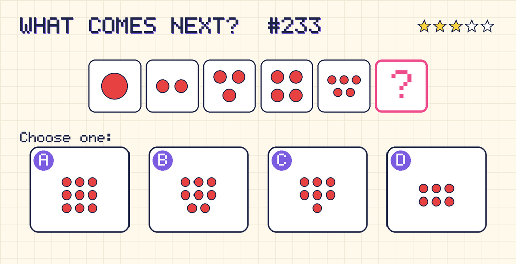 Pattern: 1 dot, 2 dots, 3 dots, 4 dots, 5 dots, then a question mark. Choices: A: 9 dots; B: 8 dots; C: 7 dots; D: 6 dots.