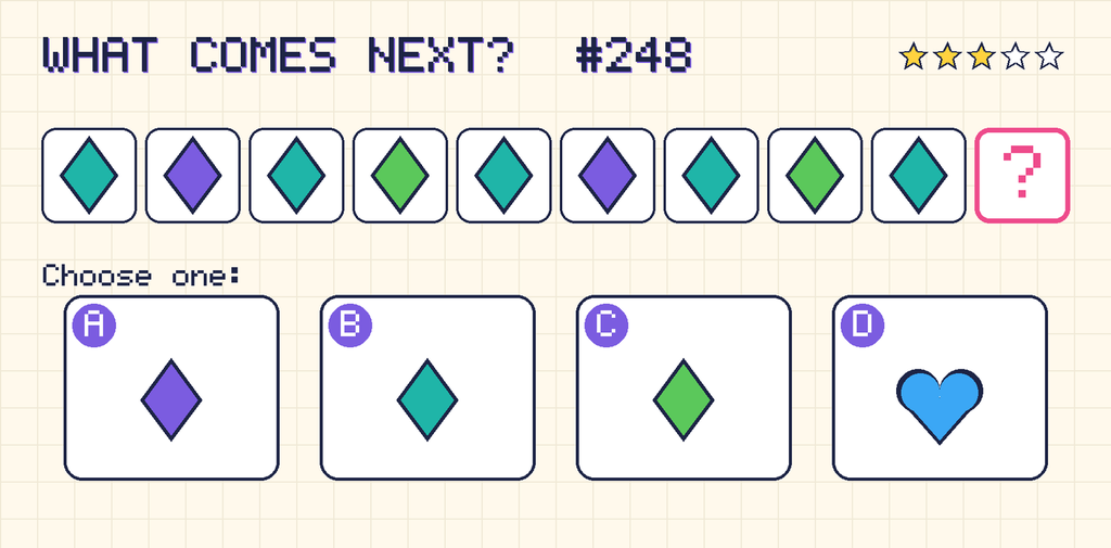 Pattern: teal diamond, purple diamond, teal diamond, green diamond, teal diamond, purple diamond, teal diamond, green diamond, teal diamond, then a question mark. Choices: A: purple diamond; B: teal diamond; C: green diamond; D: blue heart.