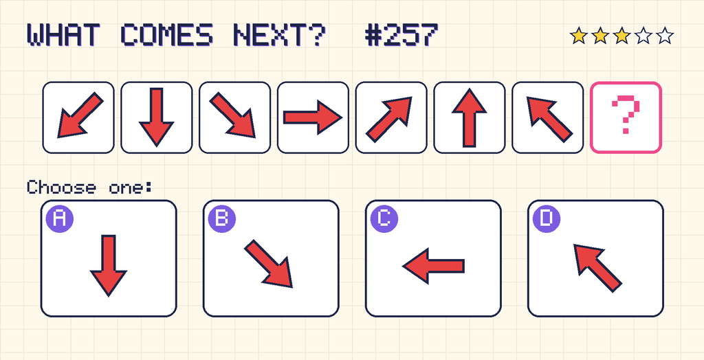 Pattern: an arrow pointing down and left, an arrow pointing down, an arrow pointing down and right, an arrow pointing right, an arrow pointing up and right, an arrow pointing up, an arrow pointing up and left, then a question mark. Choices: A: an arrow pointing down; B: an arrow pointing down and right; C: an arrow pointing left; D: an arrow pointing up and left.