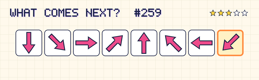 The finished pattern: an arrow pointing down, an arrow pointing down and right, an arrow pointing right, an arrow pointing up and right, an arrow pointing up, an arrow pointing up and left, an arrow pointing left, an arrow pointing down and left.