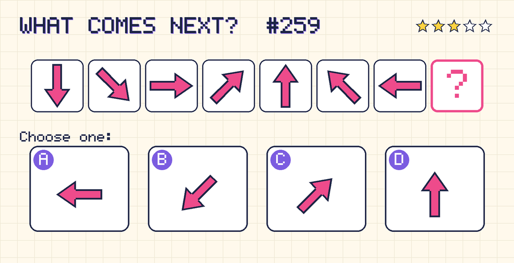 Pattern: an arrow pointing down, an arrow pointing down and right, an arrow pointing right, an arrow pointing up and right, an arrow pointing up, an arrow pointing up and left, an arrow pointing left, then a question mark. Choices: A: an arrow pointing left; B: an arrow pointing down and left; C: an arrow pointing up and right; D: an arrow pointing up.