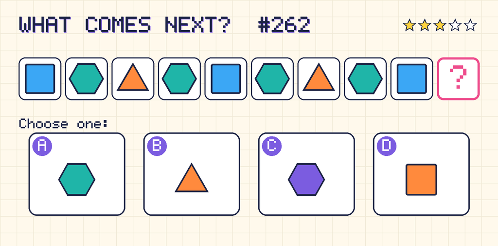 Pattern: blue square, teal hexagon, orange triangle, teal hexagon, blue square, teal hexagon, orange triangle, teal hexagon, blue square, then a question mark. Choices: A: teal hexagon; B: orange triangle; C: purple hexagon; D: orange square.