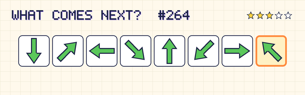 The finished pattern: an arrow pointing down, an arrow pointing up and right, an arrow pointing left, an arrow pointing down and right, an arrow pointing up, an arrow pointing down and left, an arrow pointing right, an arrow pointing up and left.