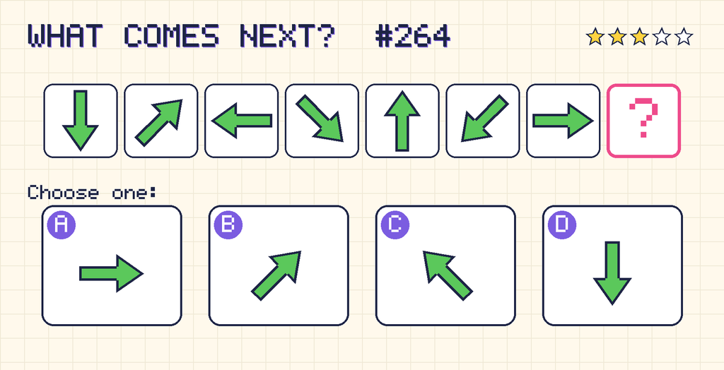 Pattern: an arrow pointing down, an arrow pointing up and right, an arrow pointing left, an arrow pointing down and right, an arrow pointing up, an arrow pointing down and left, an arrow pointing right, then a question mark. Choices: A: an arrow pointing right; B: an arrow pointing up and right; C: an arrow pointing up and left; D: an arrow pointing down.