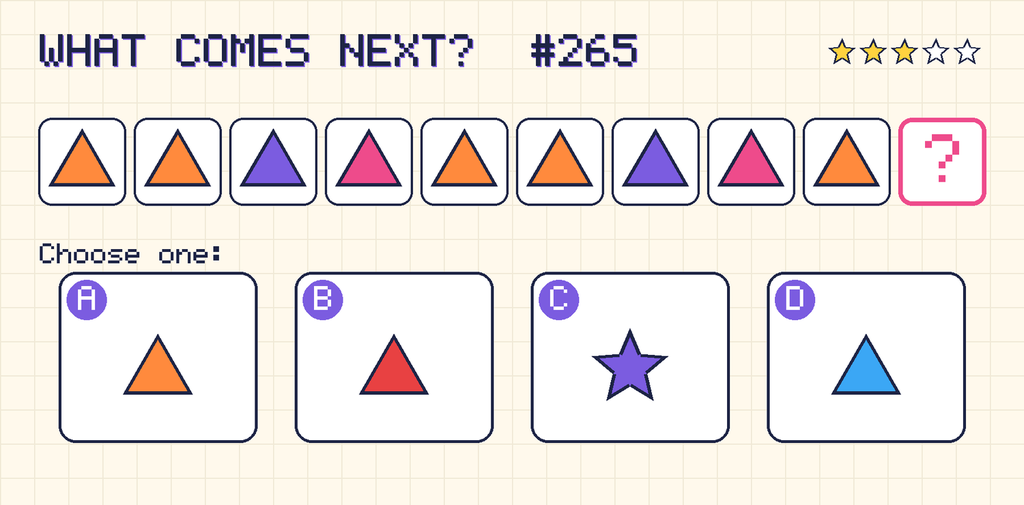 Pattern: orange triangle, orange triangle, purple triangle, pink triangle, orange triangle, orange triangle, purple triangle, pink triangle, orange triangle, then a question mark. Choices: A: orange triangle; B: red triangle; C: purple star; D: blue triangle.