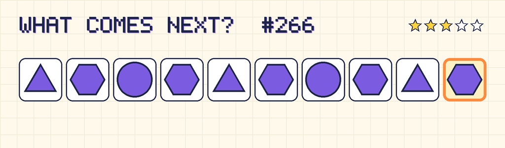 The finished pattern: purple triangle, purple hexagon, purple circle, purple hexagon, purple triangle, purple hexagon, purple circle, purple hexagon, purple triangle, purple hexagon.