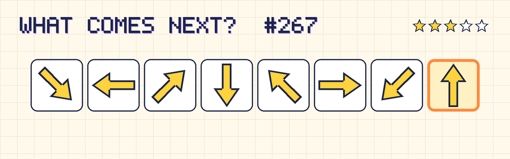 The finished pattern: an arrow pointing down and right, an arrow pointing left, an arrow pointing up and right, an arrow pointing down, an arrow pointing up and left, an arrow pointing right, an arrow pointing down and left, an arrow pointing up.