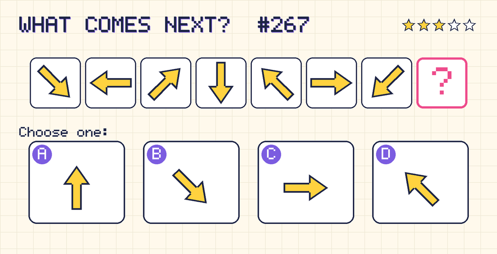 Pattern: an arrow pointing down and right, an arrow pointing left, an arrow pointing up and right, an arrow pointing down, an arrow pointing up and left, an arrow pointing right, an arrow pointing down and left, then a question mark. Choices: A: an arrow pointing up; B: an arrow pointing down and right; C: an arrow pointing right; D: an arrow pointing up and left.