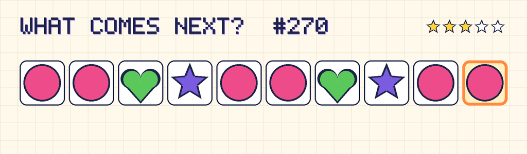 The finished pattern: pink circle, pink circle, green heart, purple star, pink circle, pink circle, green heart, purple star, pink circle, pink circle.