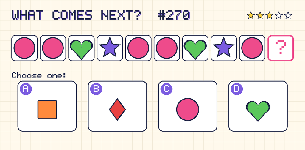 Pattern: pink circle, pink circle, green heart, purple star, pink circle, pink circle, green heart, purple star, pink circle, then a question mark. Choices: A: orange square; B: red diamond; C: pink circle; D: green heart.