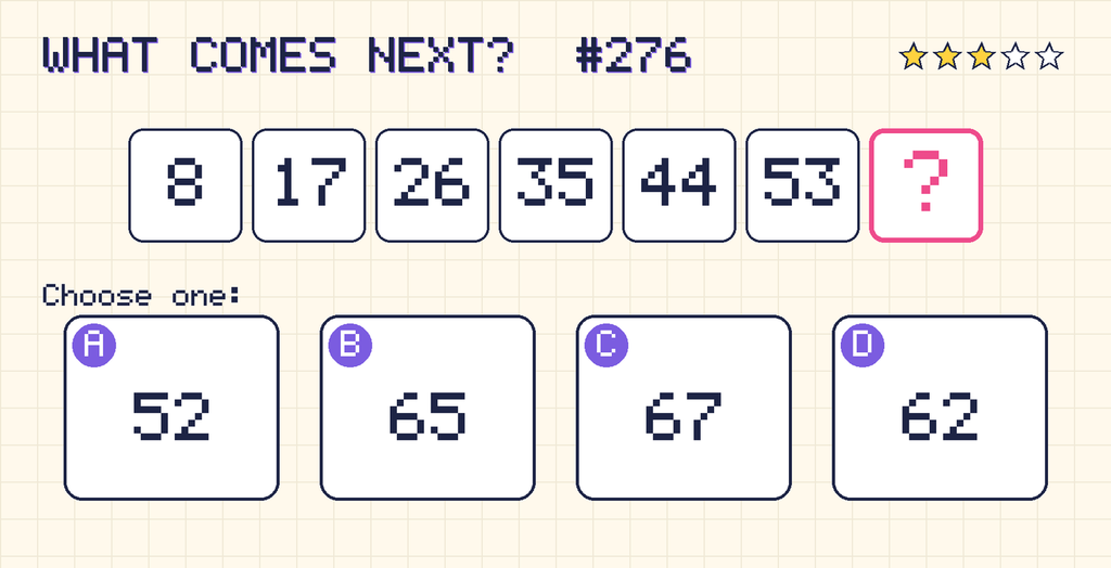 Pattern: 8, 17, 26, 35, 44, 53, then a question mark. Choices: A: 52; B: 65; C: 67; D: 62.