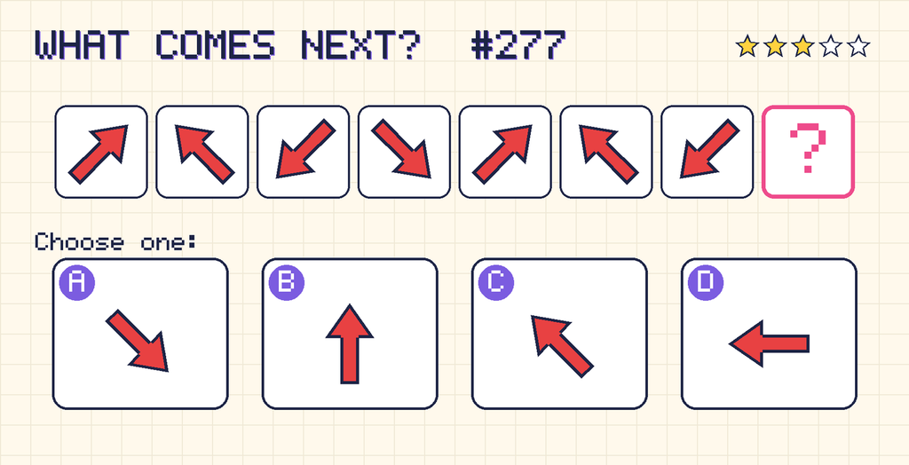Pattern: an arrow pointing up and right, an arrow pointing up and left, an arrow pointing down and left, an arrow pointing down and right, an arrow pointing up and right, an arrow pointing up and left, an arrow pointing down and left, then a question mark. Choices: A: an arrow pointing down and right; B: an arrow pointing up; C: an arrow pointing up and left; D: an arrow pointing left.