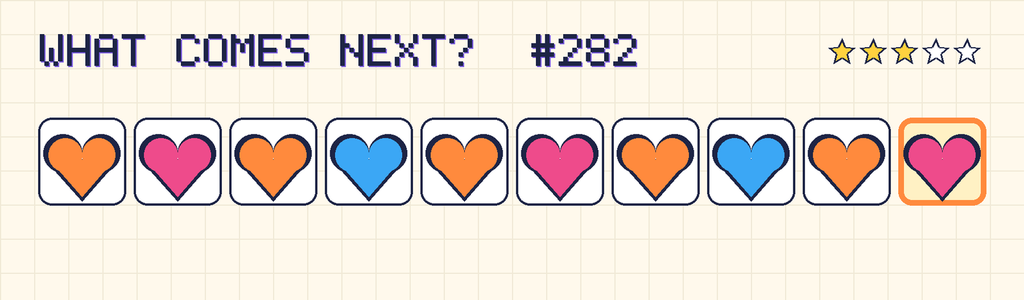 The finished pattern: orange heart, pink heart, orange heart, blue heart, orange heart, pink heart, orange heart, blue heart, orange heart, pink heart.