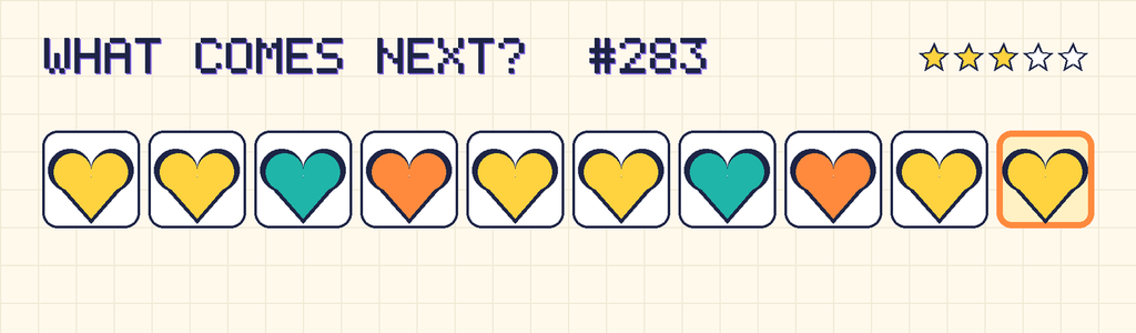 The finished pattern: yellow heart, yellow heart, teal heart, orange heart, yellow heart, yellow heart, teal heart, orange heart, yellow heart, yellow heart.