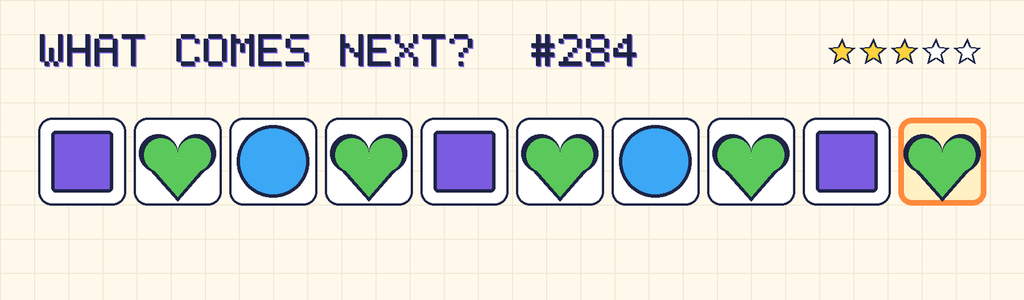 The finished pattern: purple square, green heart, blue circle, green heart, purple square, green heart, blue circle, green heart, purple square, green heart.