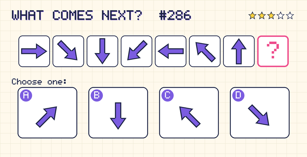 Pattern: an arrow pointing right, an arrow pointing down and right, an arrow pointing down, an arrow pointing down and left, an arrow pointing left, an arrow pointing up and left, an arrow pointing up, then a question mark. Choices: A: an arrow pointing up and right; B: an arrow pointing down; C: an arrow pointing up and left; D: an arrow pointing down and right.